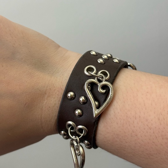 Y2K Brown Leather Heart Charm Studded Cuff Bracelet - Picture 1 of 5